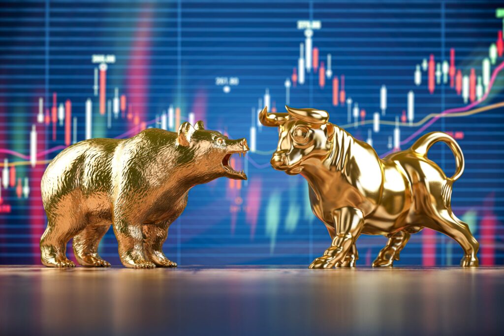 golden bull and bear on stock data chart